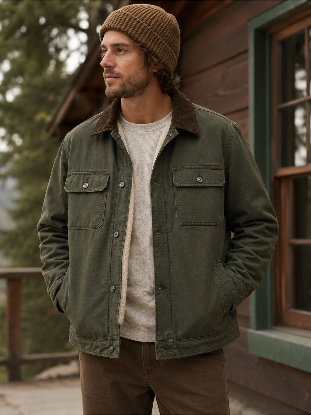 Woolrich Sherpa Lined Utility Jacket Olive Green Corduroy Collar Coat XL